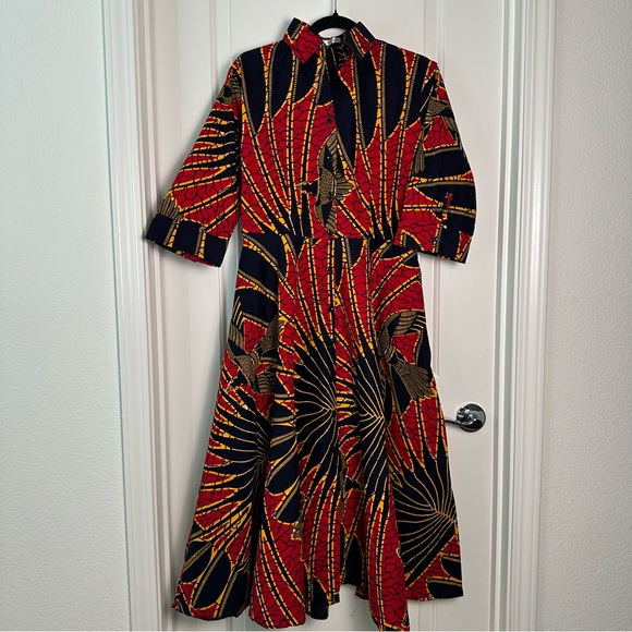 Grass-Field Button Down Dress Red Navy Bird Palm size UK14, US 10 - Picture 10 of 12